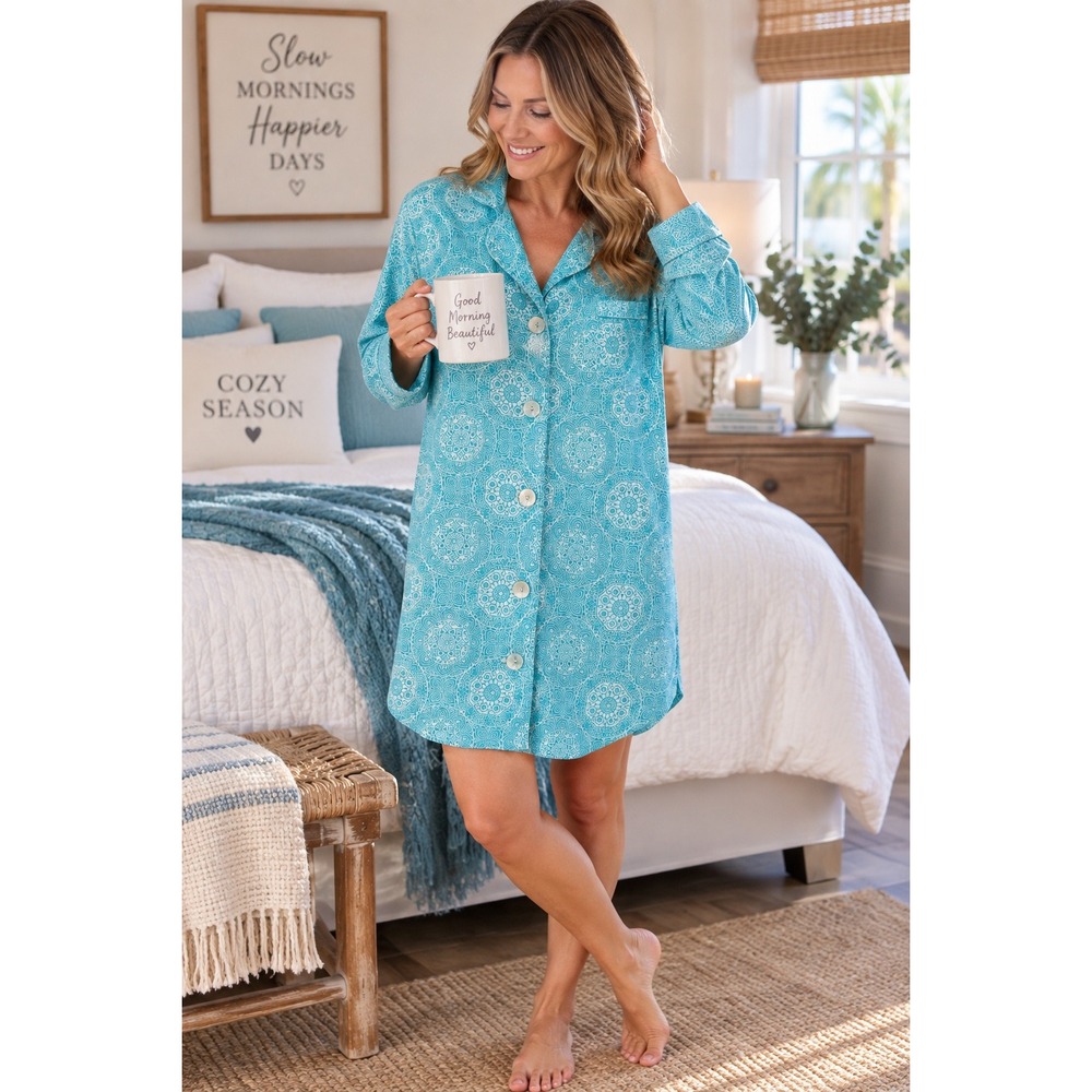 The Company Store Organic Cotton Nightshirt Teal Mosaic Mandala RK81 L Large